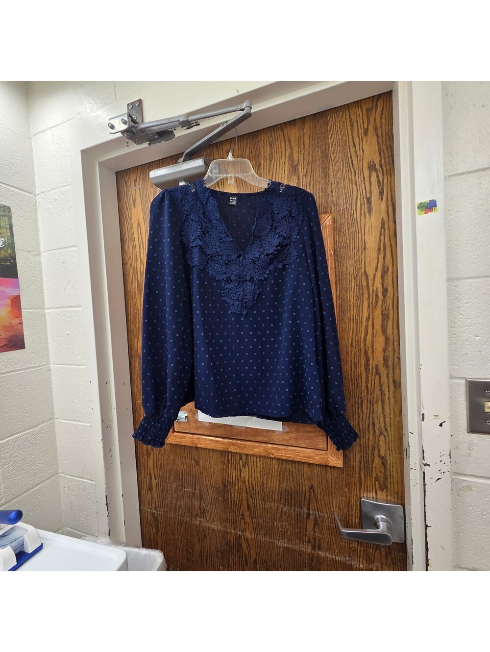 Shein navy blue long sleeve polka dot blouse work church